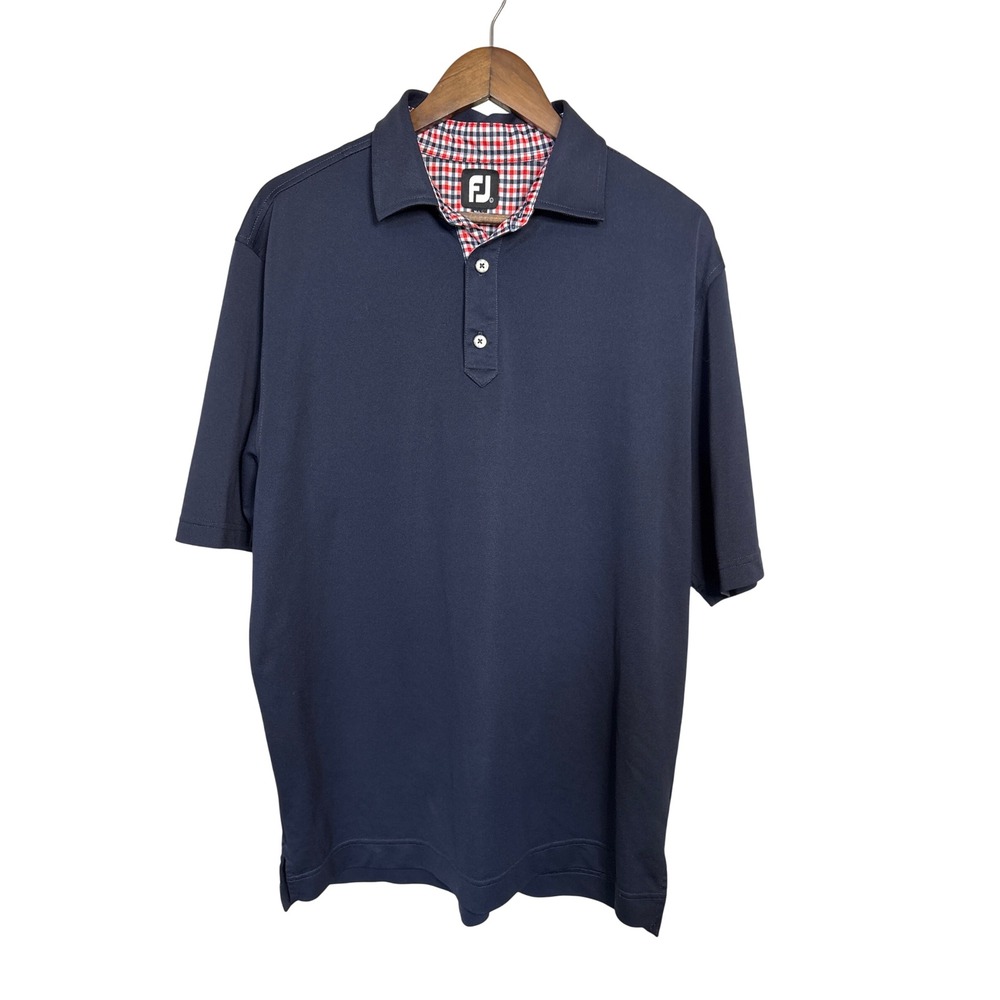 FootJoy Men's Navy Blue Gingham Trim Performance Golf Polo Shirt Large FJ